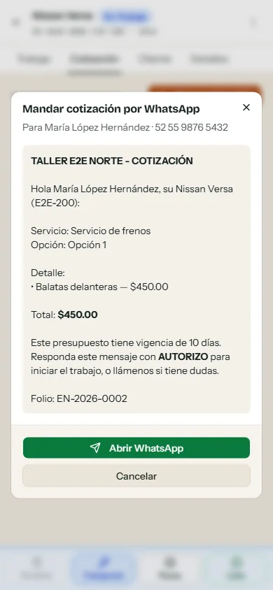 Ventana para mandar la cotización por WhatsApp con el detalle del servicio, el total y el texto que recibe el cliente.